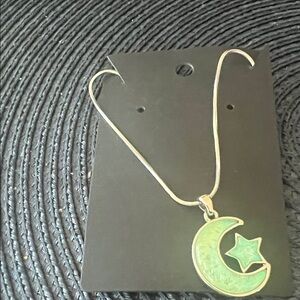 Silver and Green Moon and Star Pendant Necklace